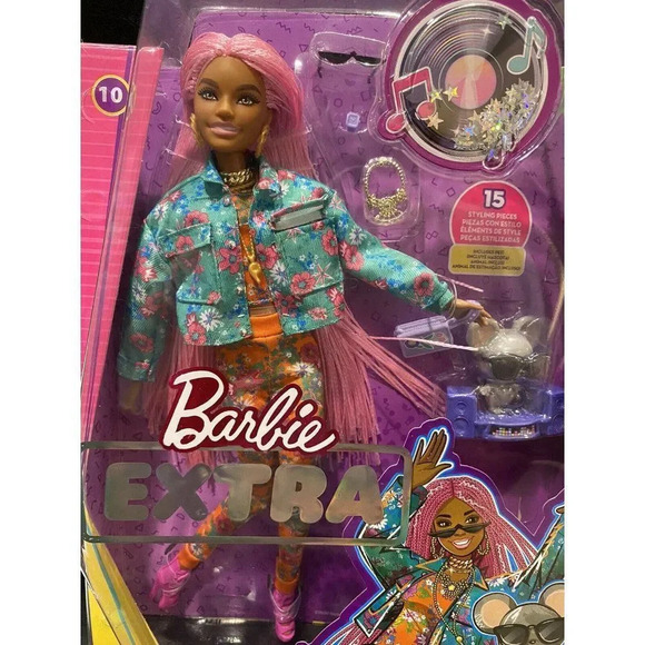 NEW Barbie Extra Doll#10 in Floral-Print Jacket And Jogger Set with DJ Mouse Pet - Picture 12 of 13